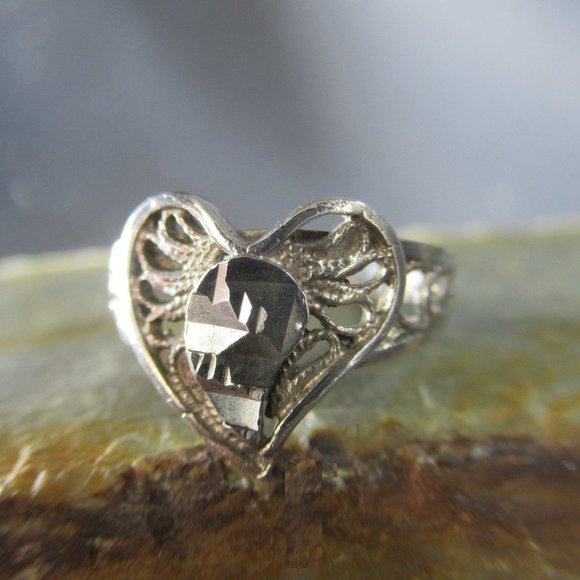 Sterling Heart Ring, Artisan Silver Sculpture & Filigree - Picture 1 of 7